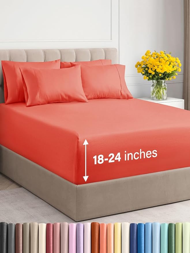 Extra Deep Cal King Sheet Set - 6 Piece Breathable & Cooling Sheets - Hotel Luxury Bed Sheets Set - Easy & Secure Fit - Soft, Wrinkle Free & Comfy Sheets Set - Coral Sheet Set with Extra Deep Pockets
