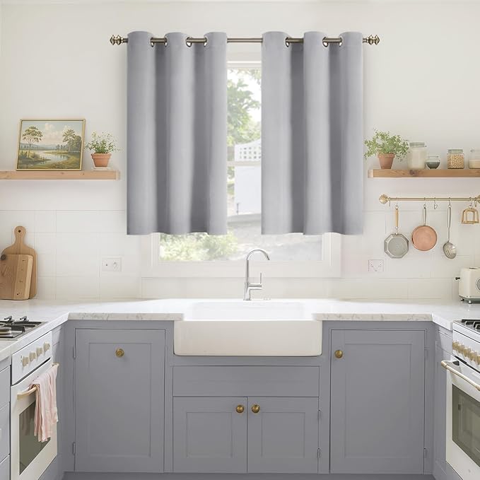 YoungsTex Light Grey Blackout Curtains 40 Inches Length for Kitchen Window - Short Thermal Insulated Drapes with Grommet Darkening Privacy for Bathroom Bedroom, 2 Panels, 42 x 40 Inch