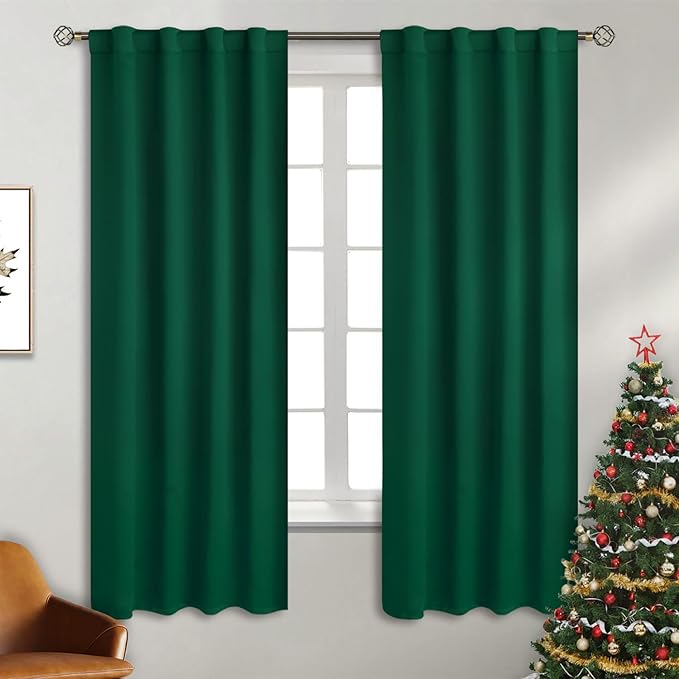 BGment Christmas Emerald Green Blackout Curtains 63 inch Length for Bedroom - Rod Pocket and Back Tab Thermal Insulated Room Darkening Curtains for Living Room, 2 Window Curtain Panels (38 x 63 Inch)