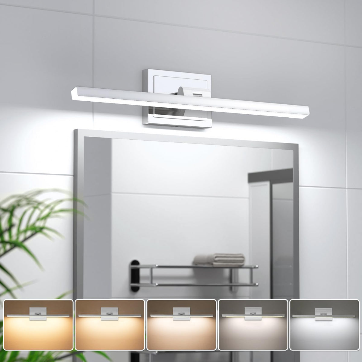 VOLISUN Modern Bathroom Vanity Light 24 inch, Rotatable, 14W Dimmable 5CCT Led Bathroom Light Fixture Over Mirror, Chrome Vanity Light for Bathroom Mirror Cabinets-ETL Certificated