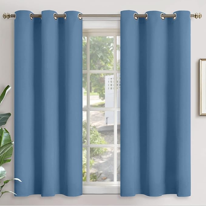 YoungsTex Denim Blue Blackout Curtains 45 Inches Long for Bedroom Kitchen Window - Short Thermal Insulated Drapes with Grommet Darkening Privacy for Bathroom, 2 Panels, 42 x 45 Inch