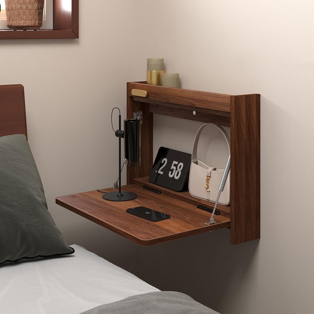 Wall Mounted Nightstand Folding Floating Desk, Small Vanity Desk Foldable Laptop Computer Table with Storage Shelf for Office Bedroom Bathroom(Walnut,60cm(24"))