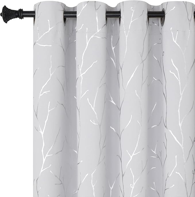 BUHUA White Curtains 95 Inches Long, Blackout Curtain Panels - Long Drapes, Thermal Insulated Window Curtains with Silver Tree Branches Print, 52W x 95L, Greyish White, 2 Panels