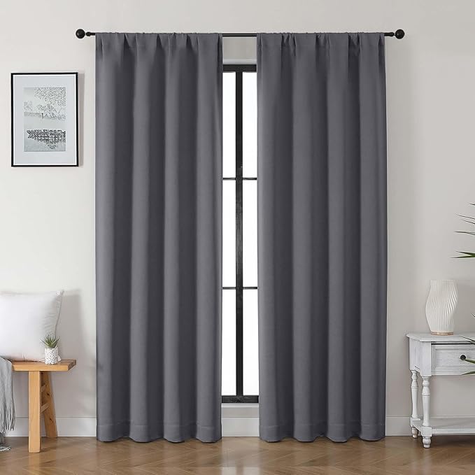 Gwine Charcoal Grey Blackout Curtains for Bedroom 84 inches Long 2 Panels Set, Solid Noise Reducing Thermal Insulated Blackout Curtains for Living Room with Rod Pocket, Each 40" Wx84 L
