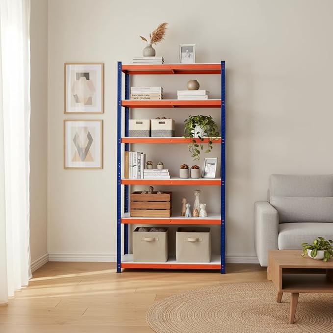 Heavy Duty Storage Shelving Unit, 5-Tier Metal Rack, Blue and Orange Iron Frame, 70.8x35.4x15.7 Inches, Multipurpose Organization for Garage, Kitchen, Office