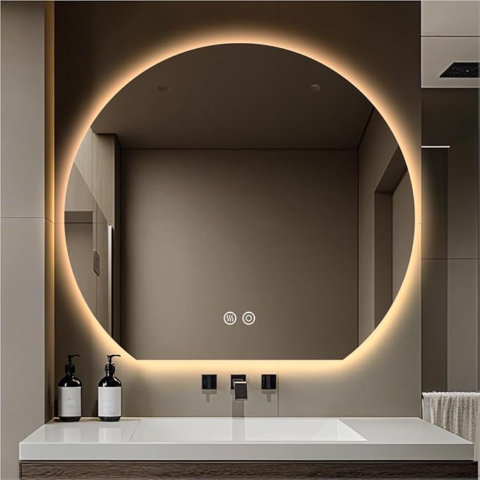 28" x 32" Half Moon Round LED Bathroom Mirror for Wall, Irregular LED Mirror with Anti-Fog, 3-Color Dimmable, Semi Circle Frameless Vanity Mirror, Explosion-Proof, CRI≥93