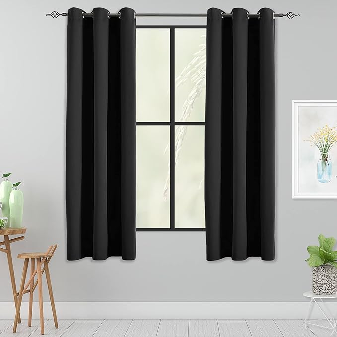 Blackout Curtains for Bedroom Thermal Insulated Light Blocking Room Darkening Curtains Solid Grommet Window Drapes for Living Room, Set of 2 Curtain Panels 42 W x 54 L inch Long Black