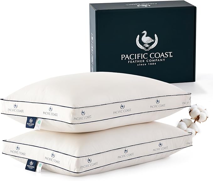 Pacific Coast Goose Feather and Down Pillows, with 100% Organic Cotton Cover, Standard Size Set of 2, Gusseted Design for Sleeping, Hotel Collection, Firm Pillows for Side and Back Sleepers