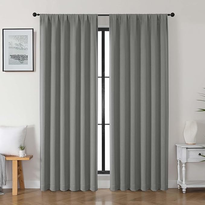 Gwine Light Grey Blackout Curtains for Bedroom 84 inches Long 2 Panels Set, Solid Noise Reducing Thermal Insulated Blackout Curtains for Living Room with Rod Pocket, Each 50" Wx84 L