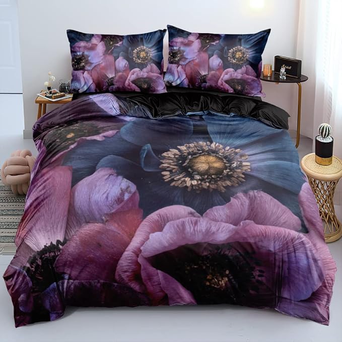 Flower Print Duvet Cover Full Size Gray Color Comforter Covers and Pillow Shams Art Floral Deco Bedroom Bedding Set Girls Bed Set