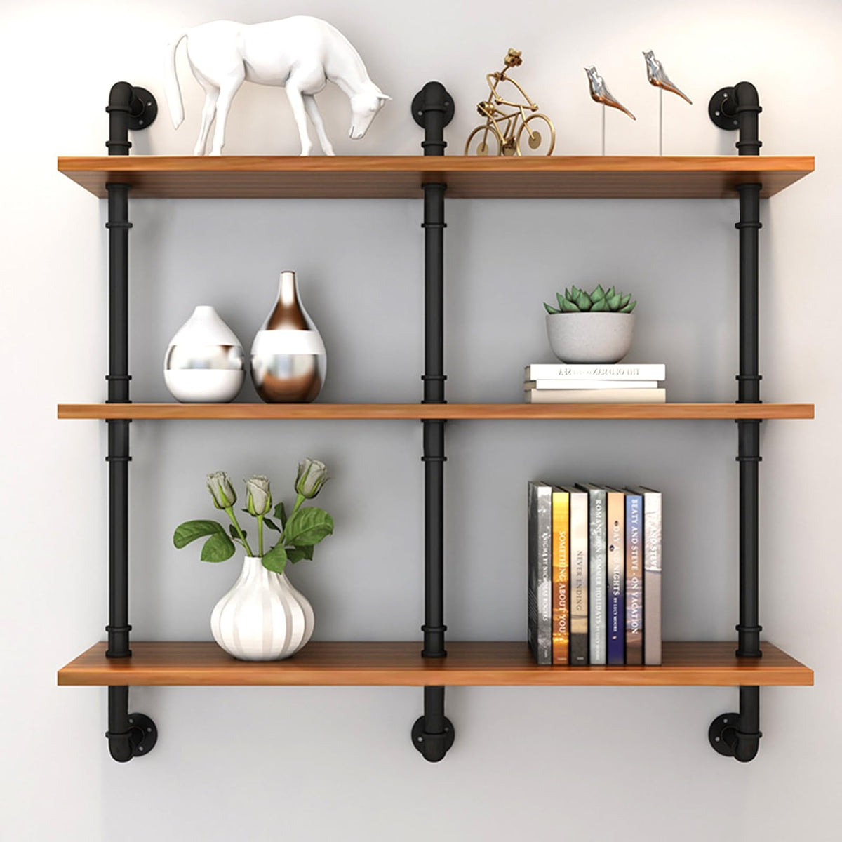 Industrial Pipe Shelf 3-Tier Large Storage Shelves Wall Mounted, Wooden Bookshelf Plant Stand Decorative Shelving Unit for Home Office Living Room Bedroom Bathroom(120x25x100cm)