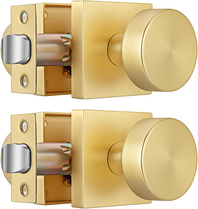 Gold Door Knobs Interior, Heavy Duty Passage Door Knob, Brushed Gold Closet Door Knob for Hall, Zinc Alloy Square DoorKnob (2 Pack)