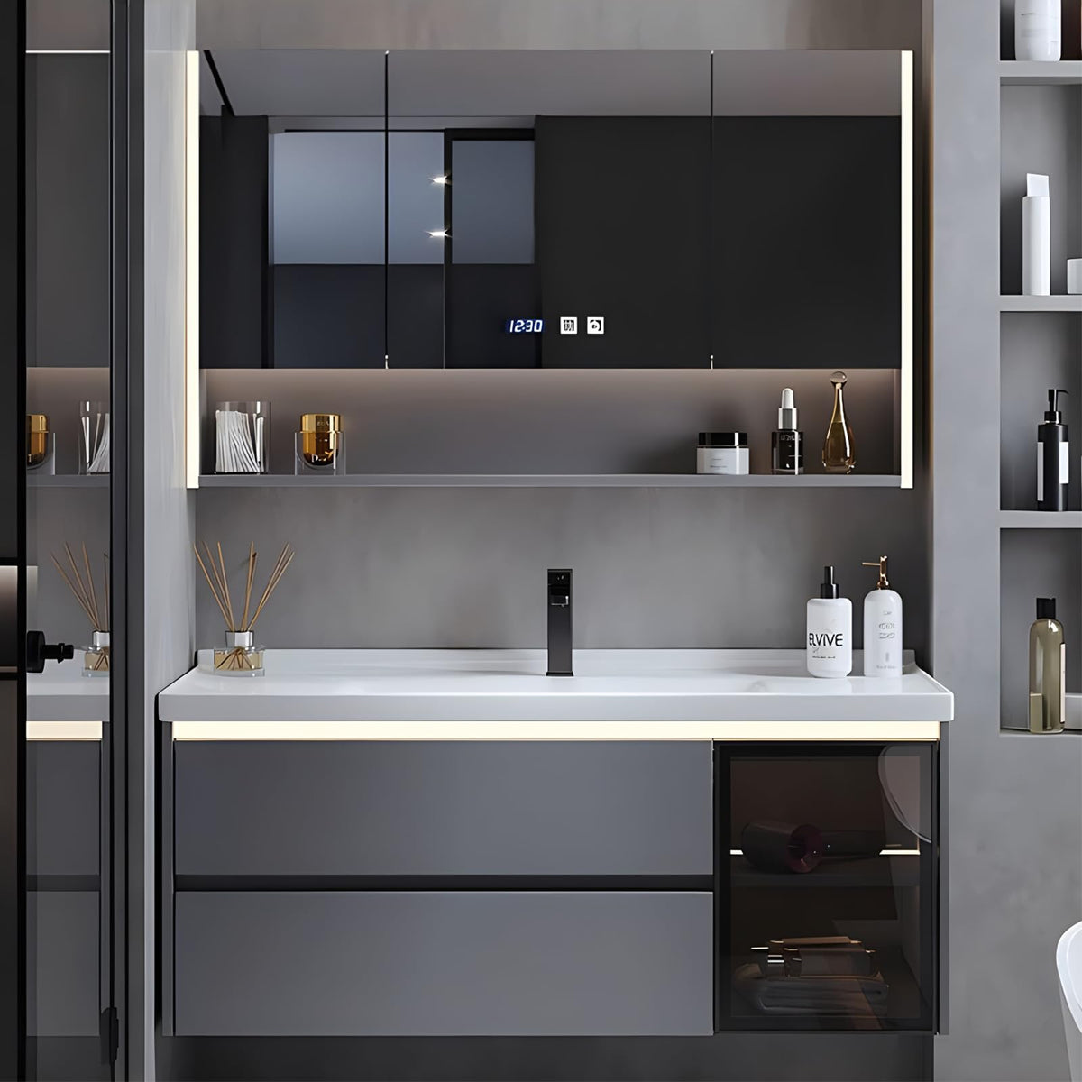 Bathroom Vanity, Modern Bathroom Vanity with Sink, Solid Wood Bathroom Vanity with Smart Defog Mirror and Floating Shelf, Bath Vanity Cabinet with Glass Door and Drawers, Wall Mounted (Grey, 32")
