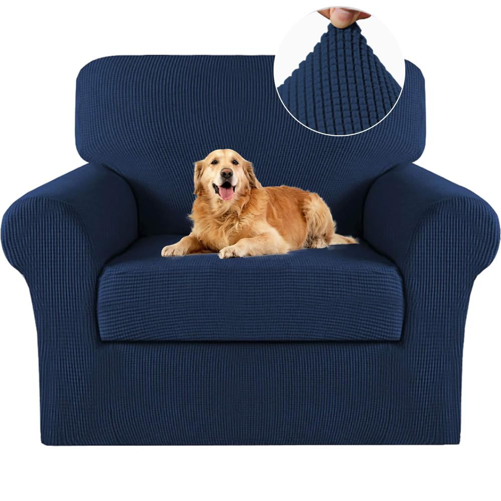 Turquoize 2 Piece Chair Covers Chair Slipcovers for Living Room Armchair Sofa Covers Chair Couch Cover with Arms Washable Furniture Protector for Chairs Feature Thick Jacquard Fabric (Chair, Navy)