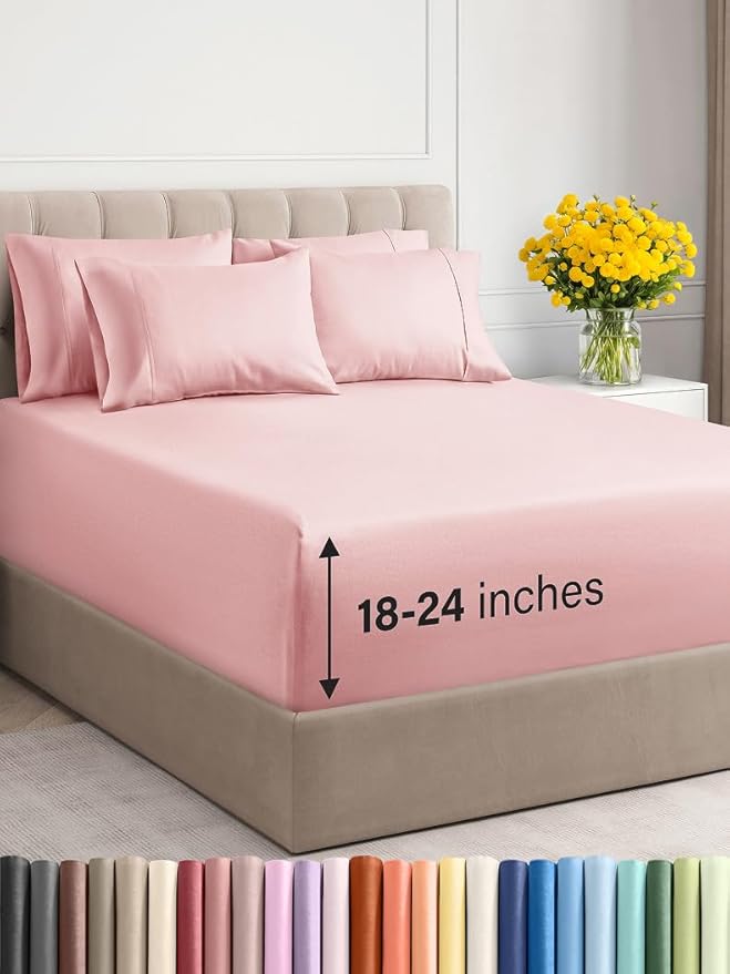 Extra Deep Full Sheet Set - 6 Piece Breathable & Cooling Sheets - Hotel Luxury Bed Sheets Set - Easy & Secure Fit - Soft, Wrinkle Free & Comfy Sheets Set - Baby Pink Sheet Set with Extra Deep Pockets
