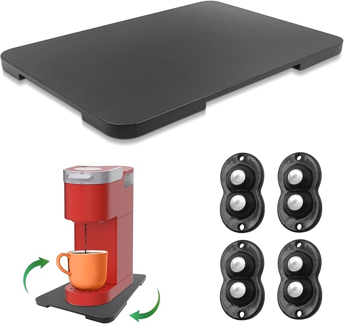 Appliance Slider 360° Rolling Tray for Coffee Maker Bamboo Coffee Pot Slider Tray Countertop Rotation Sliding Tray with Wheels, Small Appliances Mat Easily from Under the Cabinet Black(13.9"×9.4")
