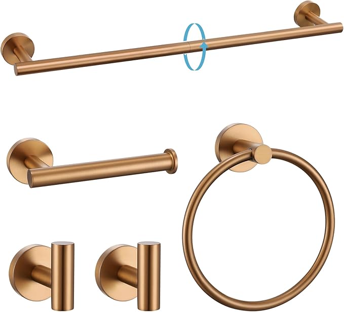 TURS Brushed Rose Gold 5 Piece Bathroom Hardware Set, SUS304 Stainless Steel 23.6 Inch Bath Towel Bar Set, Round Bathroom Accessories Kit Wall Mounted