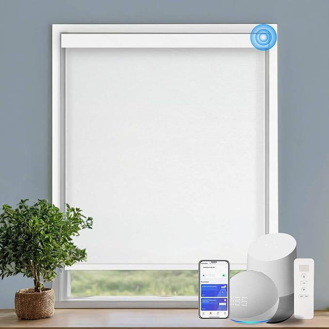 Motorized Blinds with Remote Cordless Automatic Motorized Shades Custom Blinds for Windows Smart Curtains Compatible with Alexa Google Home(Light Filtering Jacquard White,W62 x H72in)