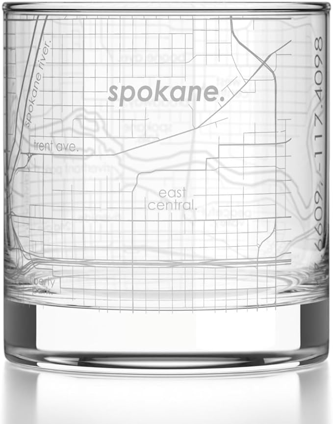 Well Told Engraved Spokane Washington Map Rocks Glass, Old Fashioned Glassware (11 oz, Clear) Etched Bourbon Tumbler, Gifts For Whiskey Lovers