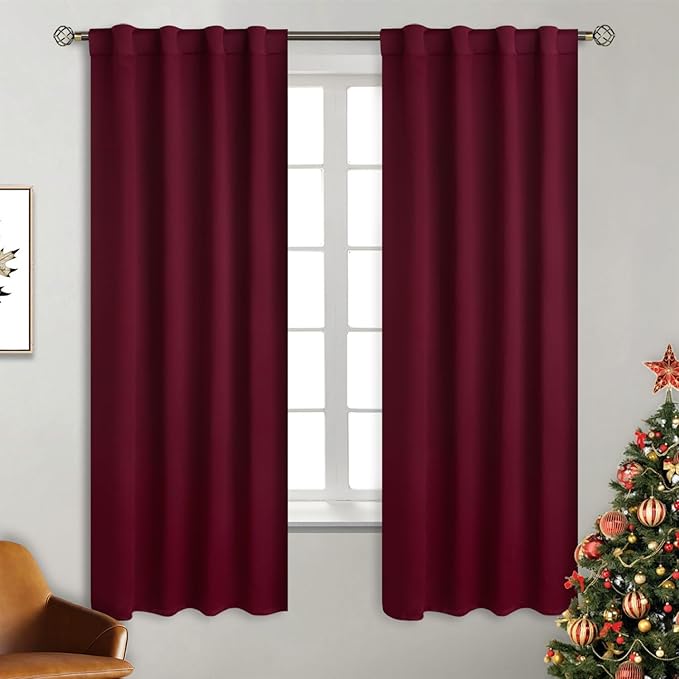 BGment Christmas Burgundy Red Curtains 63 inch Length for Bedroom - Rod Pocket and Back Tab Blackout Curtains Thermal Insulated Room Darkening Curtains for Living Room, 2 Window Panels (38 x 63 Inch)