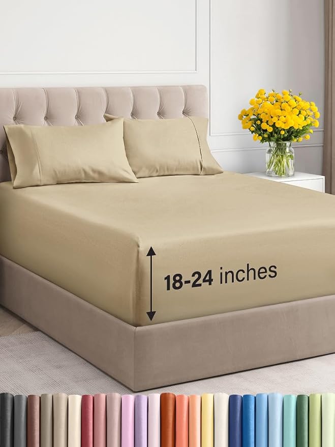 Extra Deep Twin Sheet Set - 4 Piece Breathable and Cooling Sheets - Hotel Luxury Bed Sheets Set - Easy & Secure Fit - Soft, Wrinkle Free and Comfy Sheets Set - Beige Sheet Set with Extra Deep Pockets