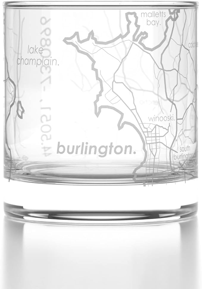 Well Told Engraved Burlington Vermont Map Rocks Glass, Old Fashioned Whiskey Glass (11 oz, Clear) Etched Whiskey Glass, Gifts For Whiskey Lovers