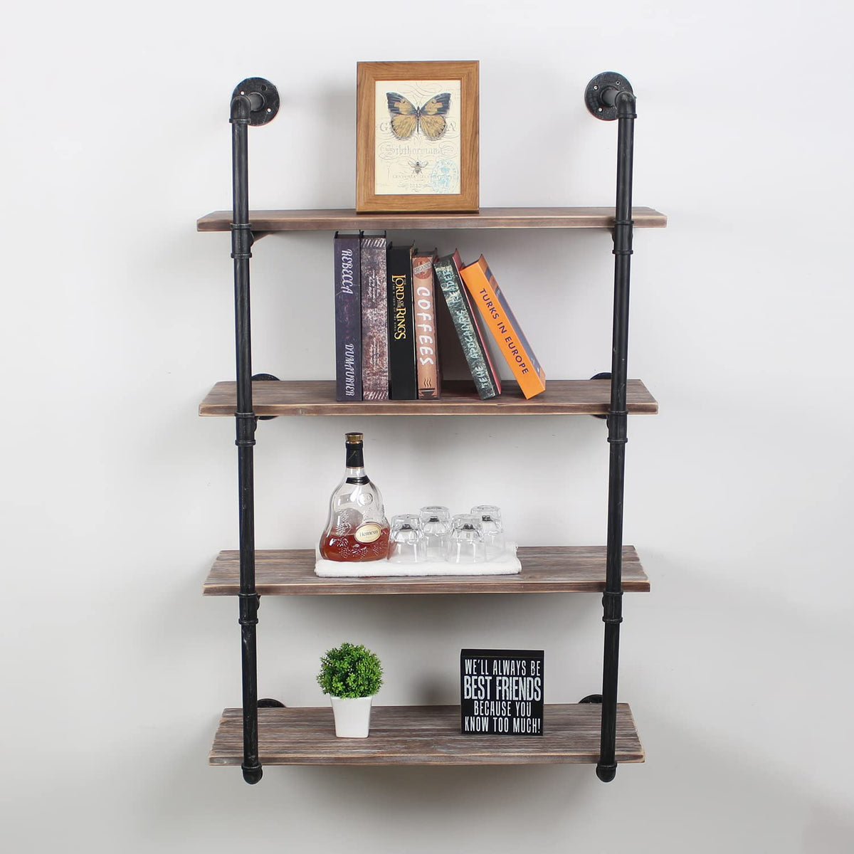 MBQQ Industrial Pipe Shelving Wall Mounted,30in Rustic Metal Floating Shelves,Steampunk Real Wood Book Shelves,Wall Shelf Unit Bookshelf Hanging Wall Shelves,Farmhouse Kitchen Bar Shelving(4 Tier)