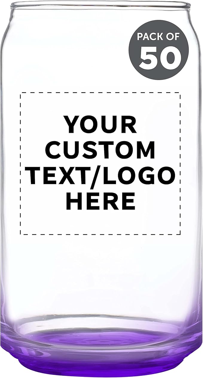 Custom Beer Can Glasses Set of 50, 16 oz. Pint Sized, Promotional Text, Logo, Soda Can Shape, Glassware, Purple