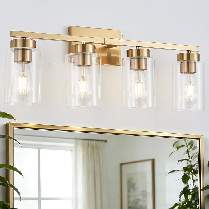 4-Light Bathroom Light Fixtures, Gold Modern Vanity Lights Over Mirror, Bathroom Wall Sconces with Clear Glass Shade for Living Room Bedroom Hallway Cabinet Porch