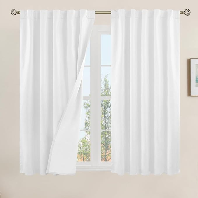 LAMIT 100% Blackout Short Linen Curtains, 48 Inch Length Linen Textured Thermal Curtains Back Tab and Rod Pocket Neutral Panels with White Liner for Small Window, 2 Panels, 42 x 48 Inch, White