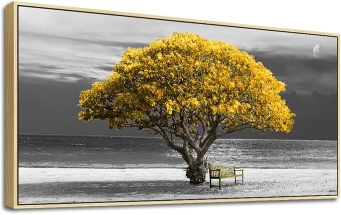 Framed Canvas Wall Art For Living Room Large Wall Decor For Bedroom Black And White Wall Painting Office Decoration Boho Home Decor Yellow Trees Scenery Pictures Artwork Natural Wood Framed