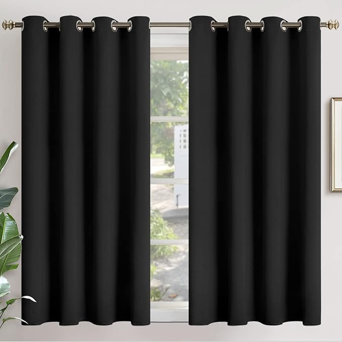 YoungsTex Black Blackout Curtains 45 Inches Length for Short Window - Thermal Insulated with Grommet Room Darkening Curtains for Bedroom Kitchen, 2 Panels, 52 x 45 Inch