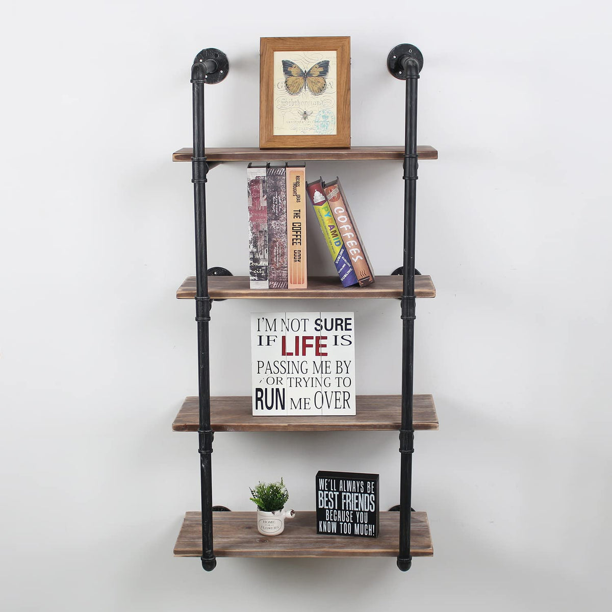 MBQQ Industrial Pipe Shelving Wall Mounted,24in Rustic Metal Floating Shelves,Steampunk Real Wood Book Shelves,Wall Shelf Unit Bookshelf Hanging Wall Shelves,Farmhouse Kitchen Bar Shelving(4 Tier)