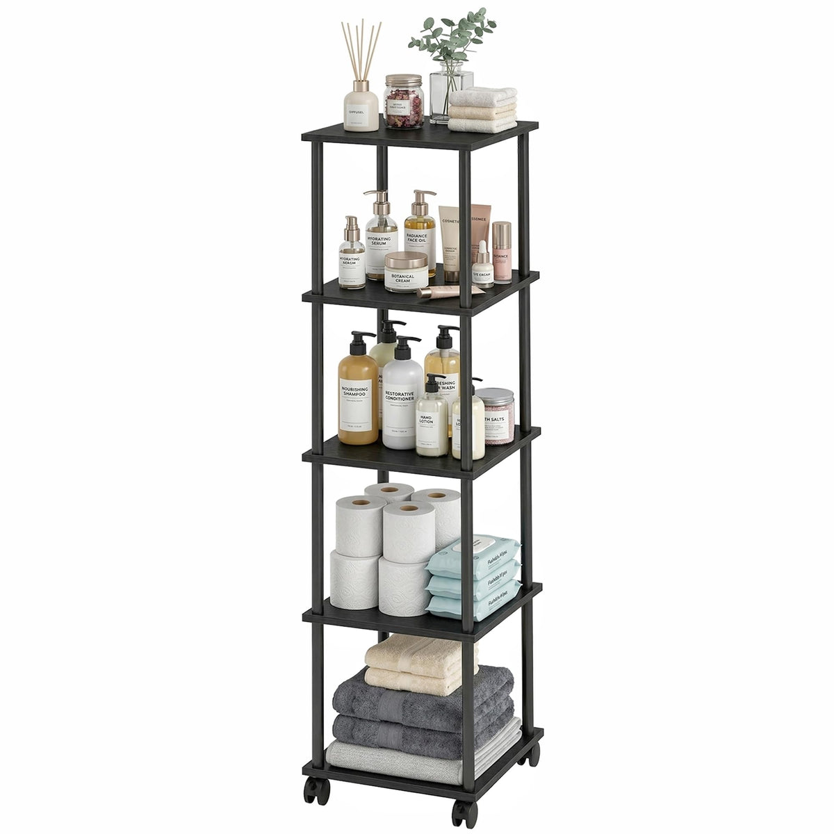 FONHAYE 5-Tier 50.4" Tall Black Bathroom Shelving Unit with Wheels