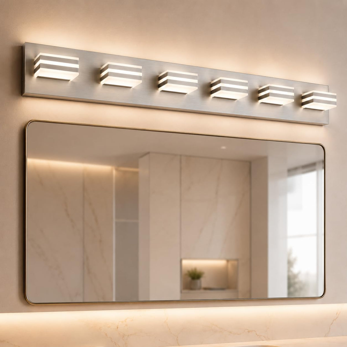 yumcrelect 6-Light Brushed Nickel Vanity Light for Double Sink Bathroom, 41 Inch 48W 5CCT Dimmable LED Over Mirror Wall Fixture, Hardwired Light with Clear Acrylic Shade