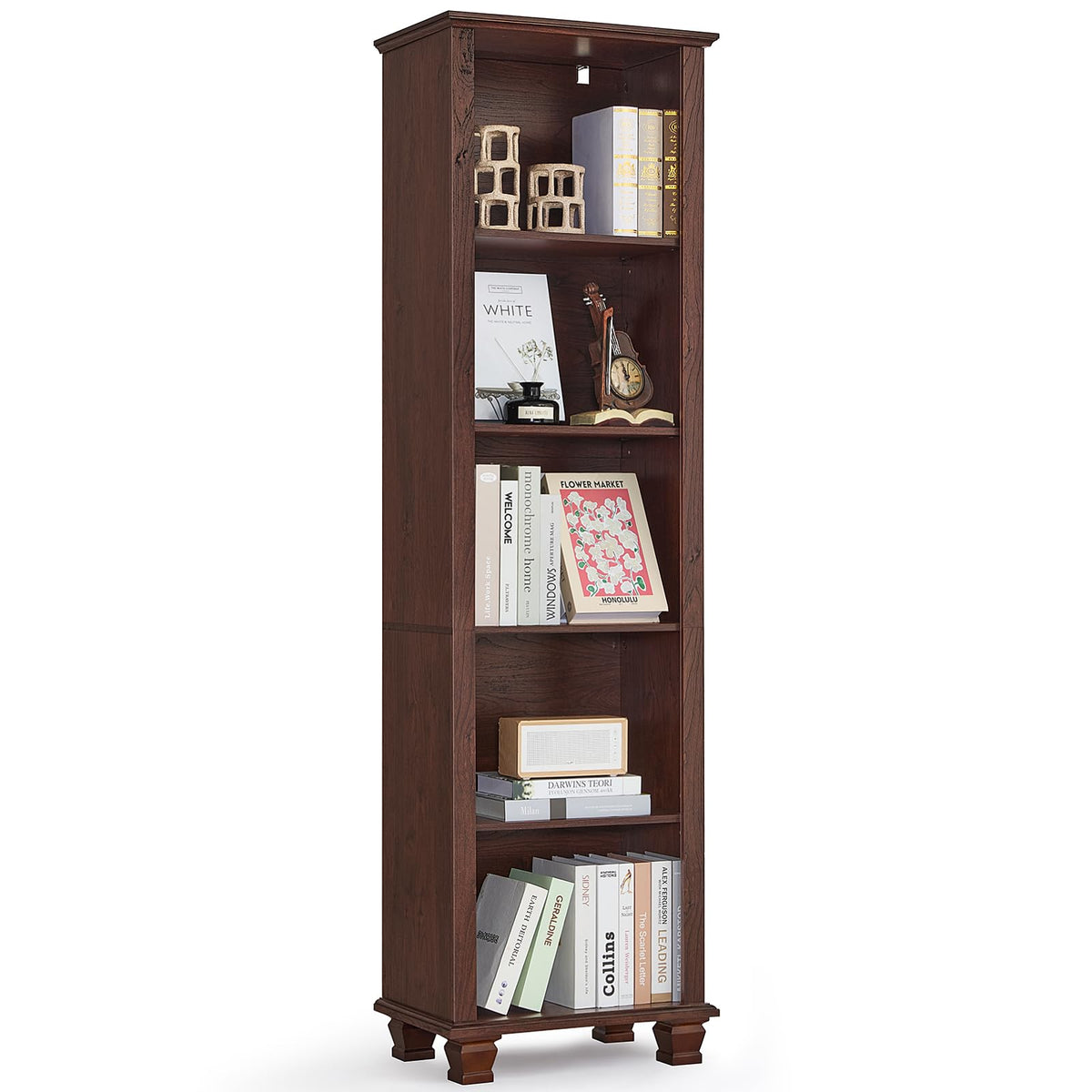 SAVOR LIFE Narrow Walnut Book Shelf, 70" Tall Skinny Bookshelf with Adjustable Shelves & Wooden Legs, Farmhouse Wood Bookcase w/5-Tier Open Storage, Free Standing Book Case for Office, Living Room