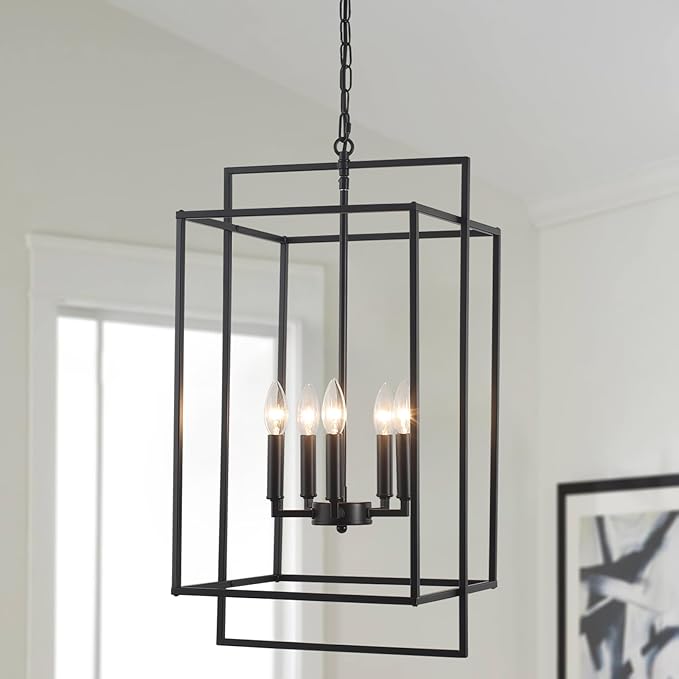 Black Farmhouse Chandelier, Extra Large Foyer Lighting Fixtures 14.17" Lantern Pendant Light, Industrial Foyer Chandelier for Staircase Entryway Hallway Kitchen, Lacquered Black 5 Lights