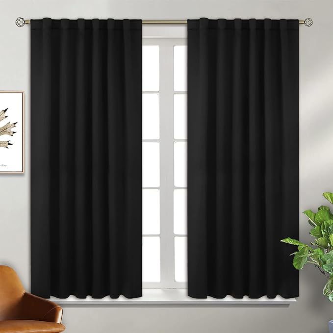 BGment Rod Pocket and Back Tab Blackout Curtains for Bedroom - Thermal Insulated Room Darkening Curtains for Living Room, Set of 2 Panels (52 x 45 Inch, Black)