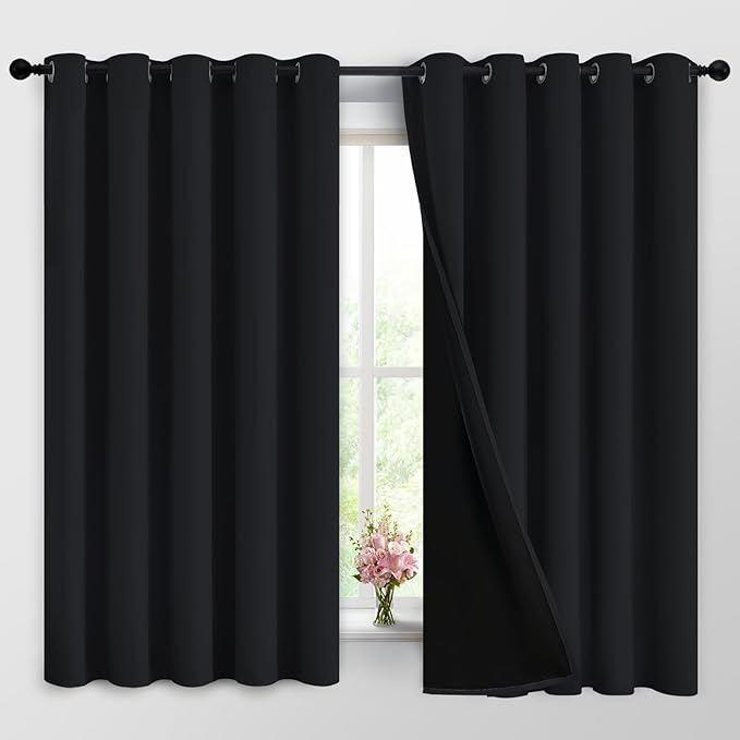 Yakamok 100% Blackout Curtains for Bedroom, 2 Thick Layers Thermal Insulated Grommet Total Blackout Drapes with Black Liner for Living Room (62Wx63L,Black, 2 Panels)