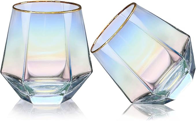 XKXKKE Diamond Wine Glasses Set of 2, 10 OZ Modern Stemless Gold Rim Glass Cups Iridescent Drinking Glassware for Serving Party, Home, Bar, Restaurants, Gift, Rainbow Tumbler, Colorful 2 Pack