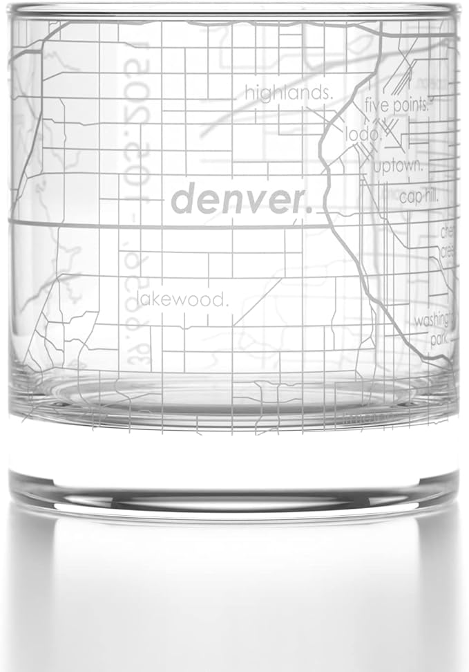 Well Told Engraved Denver Colorado Map Rocks Glass, Old Fashioned Whiskey Glass (11 oz, Clear) Etched Whiskey Glass, Gifts For Whiskey Lovers