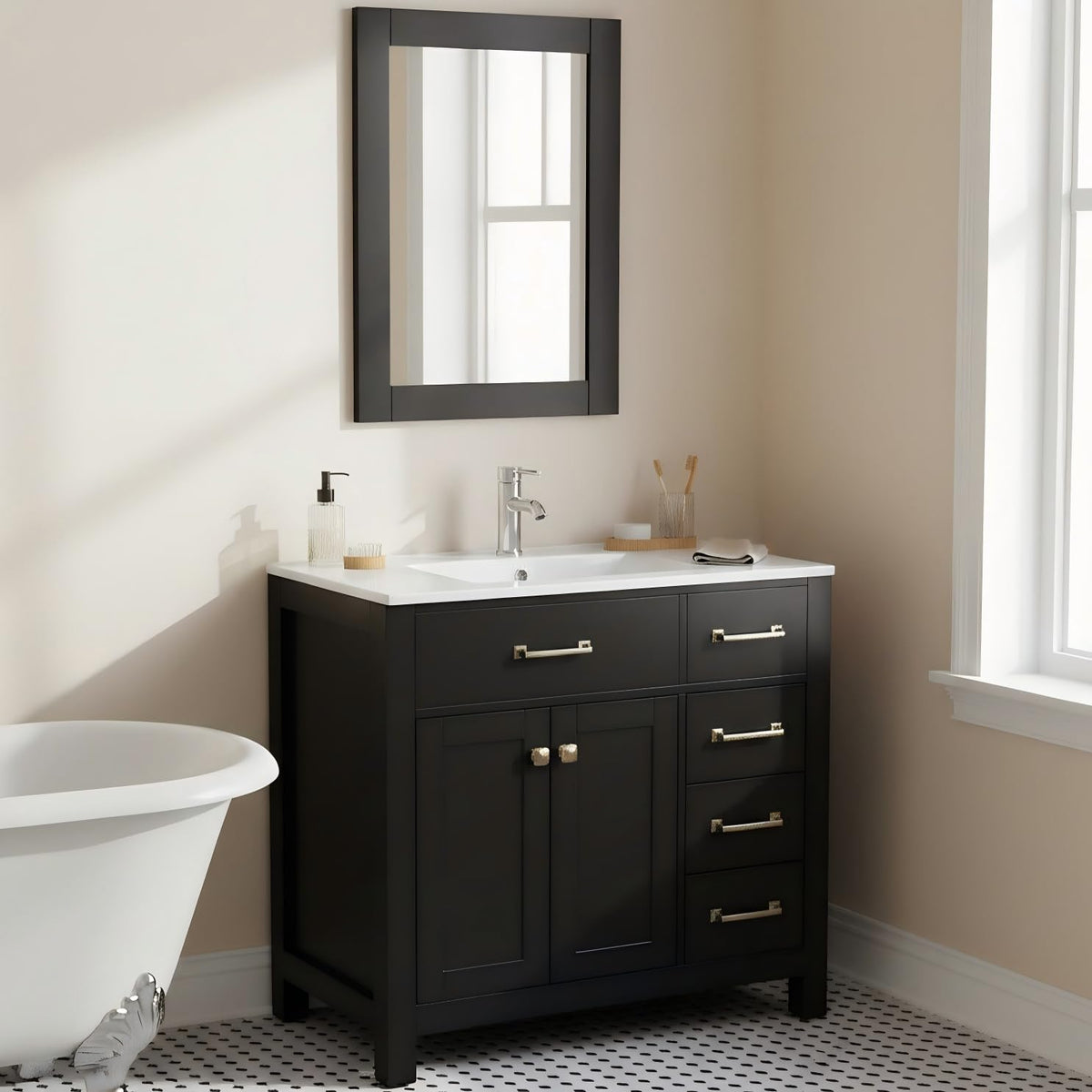 FCF 36 Inch Bathroom Vanity with Sink Combo Wood Mirror & 5 Drawers, Black