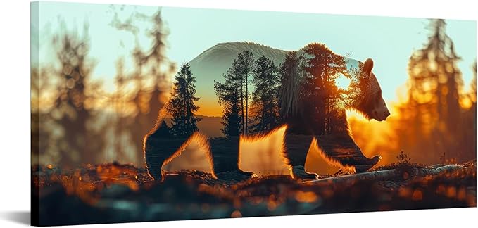 iKNOW FOTO Bear and Forest Canvas Wall Art - Double Exposure Wildlife Photography - Rustic Cabin Decor - Woodland Animal Canvas Prints - Panoramic Pictures for Office, Living Room 20x48