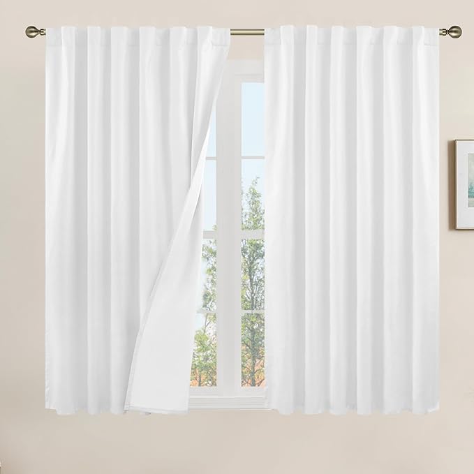 LAMIT White Linen Textured Blackout Curtains 54 Inches for Bedroom, Thermal Farmhouse Curtains Back Tab and Rod Pocket Privacy Protected Burlap Panels with White Liner, 2 Panels, 52 x 54 Inch