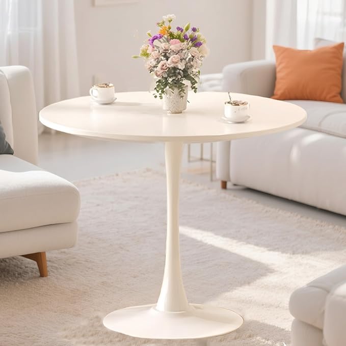 Round Table,31.5" Modern Dining Table for 2-4 People with MDF Top&Metal Pedestal Base,Coffee Table Thickened Tabletop for Dining Room/Kitchen/Living Room,White
