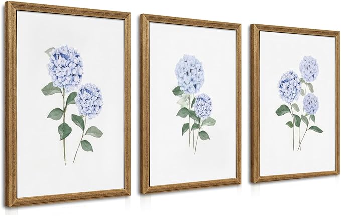 WRFON Hydrangea Wall Art, Blue Floral Wall Decor, Blue Watercolor Botanical Poster Wall Decor, Modern Minimalist Botanical Canvas Painting Print for Living Room Bedroom Wood Framed 16"x24"x3