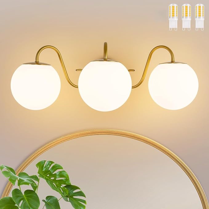 3 Lights Vintage Bathroom Vanity Light Fixtures Over Mirror, Brushed Gold Vanity Lights For Bathroom With Milk White Glass Globe Shade, Wall lights For Bedroom, Hallway, Dressing Table,Includ G9 Bulbs