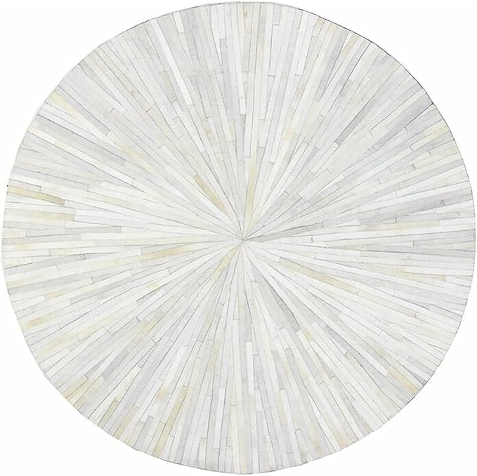 Premium Cowhide Leather Hand Made Stripes Patterned Round Area Rug - 3X3 ft - White, Premium Hand Made House Carpet for Living Room, Bedroom, Entryway