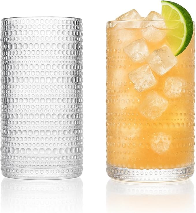 LEMONSODA Hobnail Highball Glasses Set of 2 – Vintage Clear Drinking Glass Cups 15oz – Textured Tall Retro Glassware Tumblers for Water, Iced Coffee, Cocktails, Soda, Juice (Highball 15oz, Set of 2)
