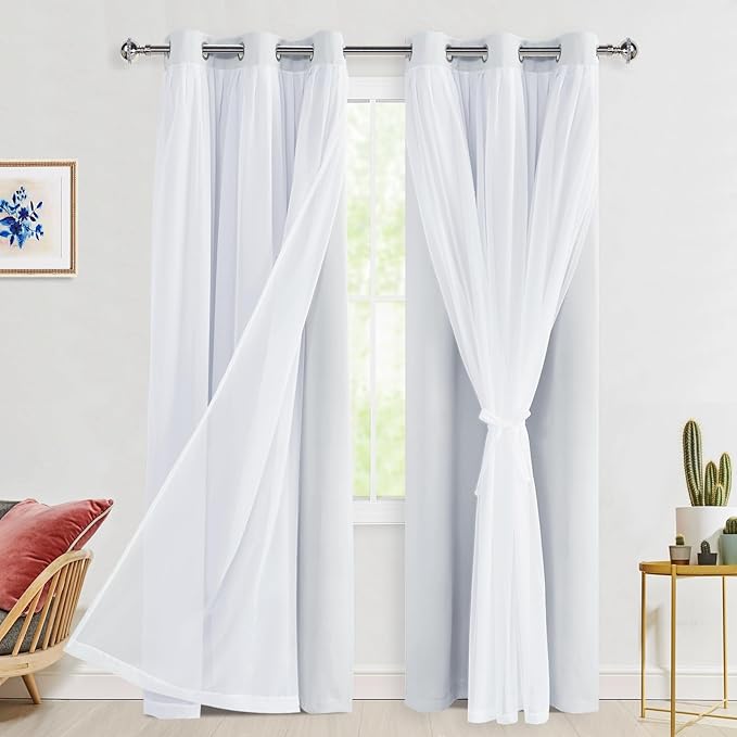 Hiasan Blackout Curtains with Sheer Overlay, Thermal Insulated Privacy Mix & Match Double Layer Window Curtains for Girls Bedroom, Living Room, 2 Drape Panels with Tiebacks, Greyish White, 42W X 84L